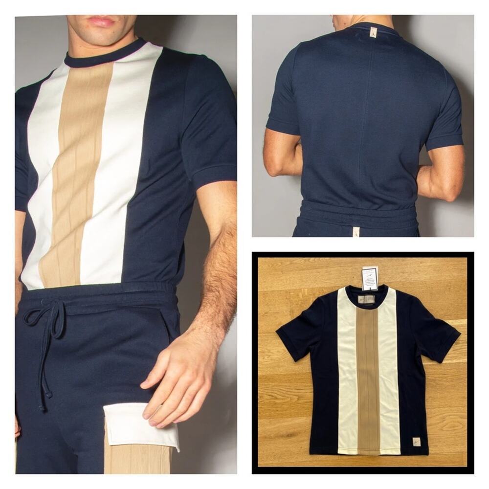 Prevu -  Morley Panelled Short Sleeve Crew Tee in Navy Ecru & Tan